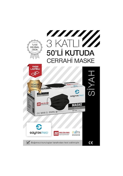 Saytekmed Meltblown Filtreli Yassı İpli 3 Katlı Siyah Maske (1 Kutu / 50 Adet)