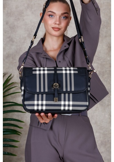 Silver & Polo Silver Polo Siyah - Siyah Çizgili Ekose Kadın Çapraz Çanta Sp1182