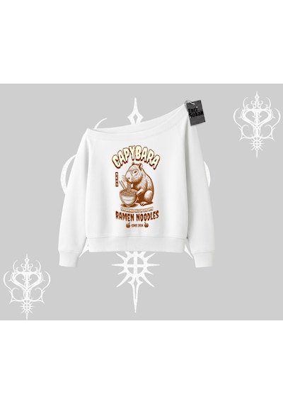 Startmore Kayık Yaka Sweatshirt Cute Capybara Enjoying Ramen Noodles Artwork Beyaz