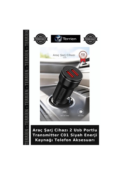 Araç Şarj Cihazı 2 Usb Portlu Transmitter C01 Siyah Enerji Kaynağı Telefon Aksesuarı