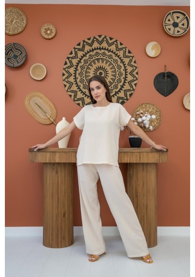 Veraura Lifestyle Bej T-shirt Ve Pantolon Takım