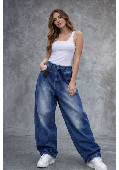 St.poll Eskitme Yıkamalı Baggy Jean Mavi