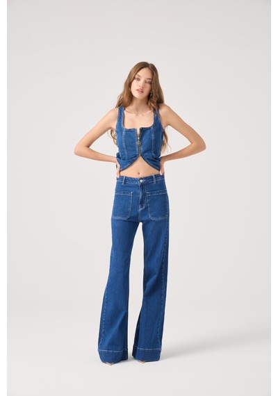 Holly Lolly Kontrast Dikişli Geniş Paça Tiara Jean Pantolon Mavi