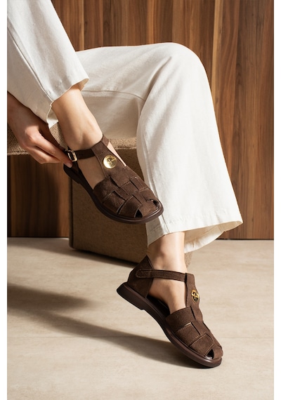 Duxal Shoes Frank Kadın Süet Kafes Sandalet - Yumuşak Tabanlı Tokalı Sandalet Acıkahve