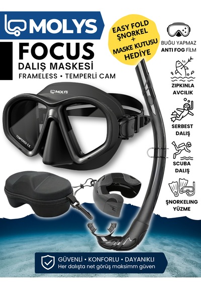 Molys Focus Dalış Maskesi + Antı Fog Buğu Önleyici Film + Katlanabilir Şnorkel + Maske Kutusu Siyah