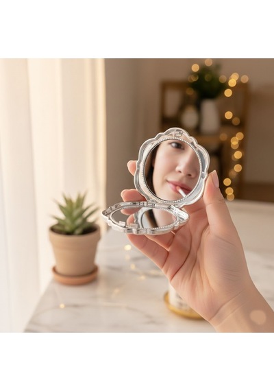 Gül Tasarımlı Çanta/cep Aynası - Katlanabilir, Mini Boy, Taşınabilir, Makyaj Aynası, 6cm Gri