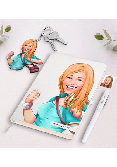 Kişiye Özel Kadın Karikatürlü Beyaz Defter Kalem Ve Anahtarlık He N11.1295