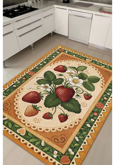 Homshtag Art Deco Çilek Desenli Halı Bitki Temalı Çok Renkli Modern Çilek Desenli Dijital Baskı Halı