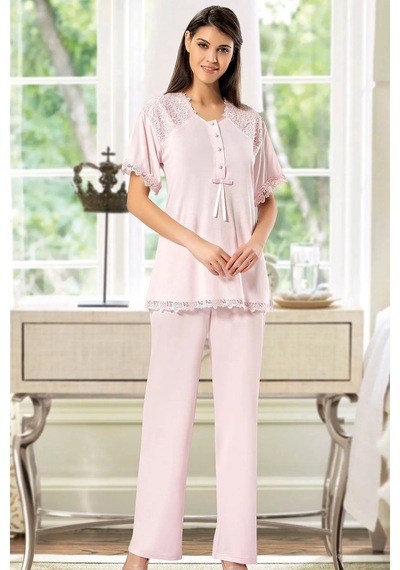 Xses 4200 Kadın Hamile Lohusa Sabahlıklı Pijama Takım-pudra