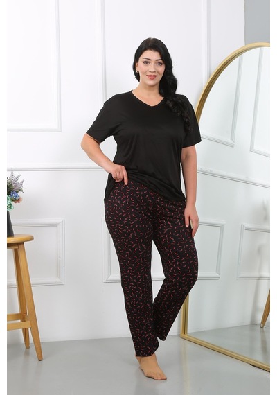 Akbeniz Kadın Büyük Beden Kısa Kol Penye Pijama Takımı Siyah 202406-siyah Siyah