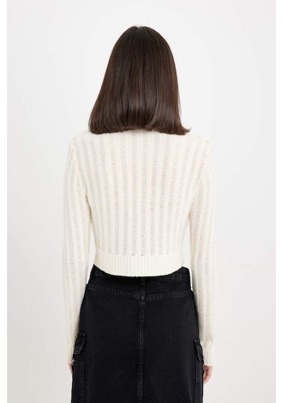 Defacto Regular Fit Crop Bisiklet Yaka Örgü Delikli Triko Kazak C6321AX24WNER103 Ekru