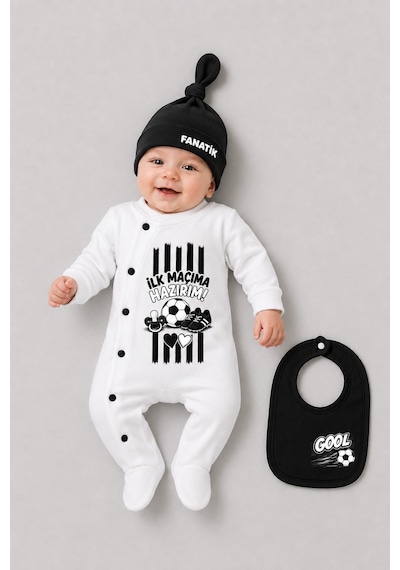 Babyden's 3'lü Bebek Tulum Seti %100 Pamuk Taraftar Temalı Siyah Beyaz İlk Maçıma Hazırım Baskılı Şapka Önlük Seti Siyah - Beyaz