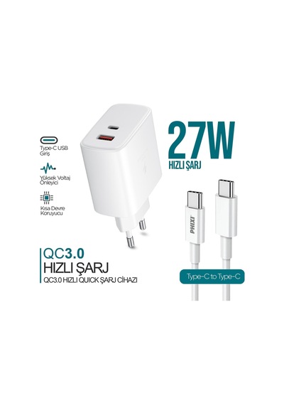 Phixi Ultimate Upd4325t 27w Pd Çift Çıkışlı Type-c Hızlı Şarj Cihazı