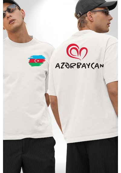 Azerbaycan Seviyorum I Love Azarbaycan Beyaz Oversize Unisex Ön Ve Sırt Baskılı Tişört Beyaz