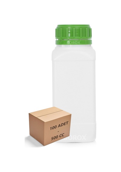 Borox Plastik Kare Şişe Yeşil Kilit Kapaklı Sızdırmaz Numune Şişesi 100 x 500 ML