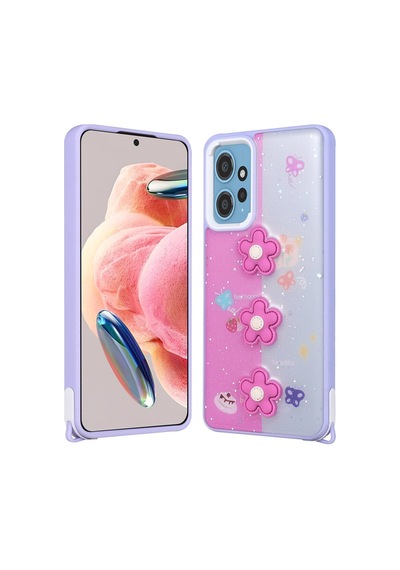 Zore Redmi 12 4g Kılıf Parlayan Simli Kabartma Figürlü Ogaa Cevze Kapak - Mor Papatya