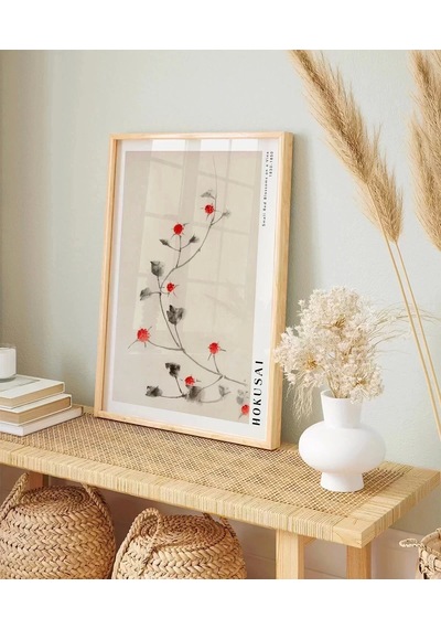 Çerçevesiz Poster Hokusai Asma Üzerinde Küçük Kırmızı Çiçekler