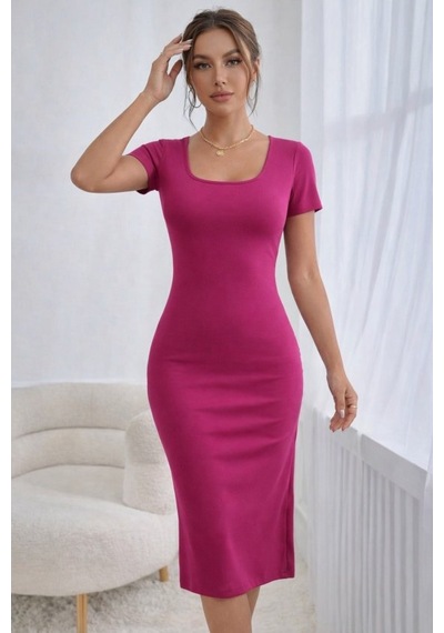 Buğrahayalin Kadın Kısa Kollu Yuvarlak Yakalı Yırtmaçlı Midi Kaşkorse Elbise Pembe