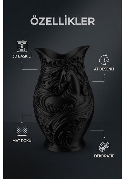 At Desenli Dekoratif Vazo Mat Dokulu Çiçeklik Modern Ev Ofis Masa Raf Salon Süs Aksesuarı 15x10 Cm Siyah