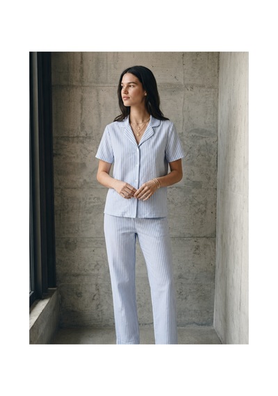 V Yaka Düğmeli Casual Mavi Pijama Takımı