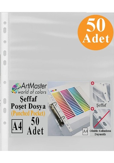 Poşet Dosya 50 Li A-4 Şeffaf Föy Dosya 1 Paket Artmaster Ofis Okul Kenarı Delikli Poşet Dosya 80 Sayfa Kapasiteli
