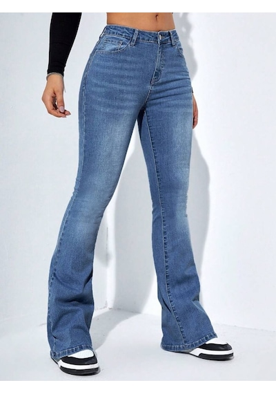 Soonaksesuar Kadın Yüksek Bel Cepli İspanyol Paçalı Kot Jeans Pantolon Mavi