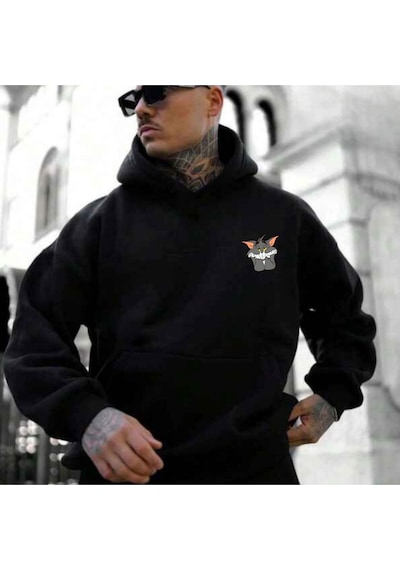 Tom Baskılı Oversize Unisex Kapüşonlu Sweatshirt Siyah