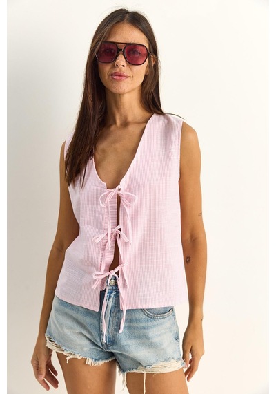 Shade Kadın %100 Pamuk Kalın Askılı Önden Bağlama Detaylı Çizgili Peplum Bluz 60282045 - Beyaz-pembe Çok Renkli