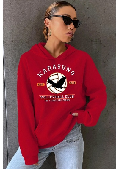 Uyguntarz Unisex Karasuno Baskılı Sweatshirt Kırmızı