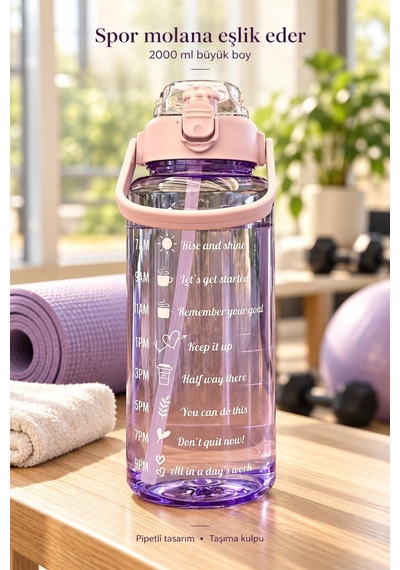 Madamev 3lü Motivasyonel Suluk Matara Seti 2000+750+280ml Pipetli Sticker Askılı Spor Okul Su Şişesi Mor