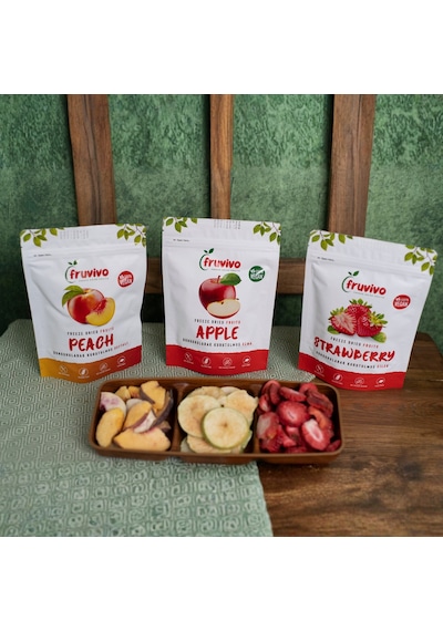 Fruvivo 3'lü Freeze Dry Paket - Şeftali + Elma + Çilek - Dondurularak Kurutulmuş Meyve Cipsi Şeker İlavesiz %100 Doğal Vegan 50 G