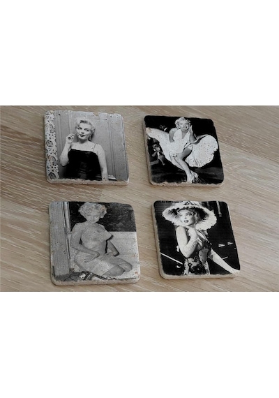 Siyah Beyaz Marilyn Monroe Fotoğrafları Doğal Taş Bardak Altlığı 4'lü Set - Natural Stone Coasters - Taş Beyaz - Siyah
