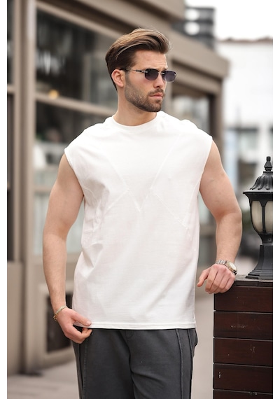 Madmext Ekru Kolsuz %100 Pamuklu Basic Erkek T-shirt E7137 Ekru