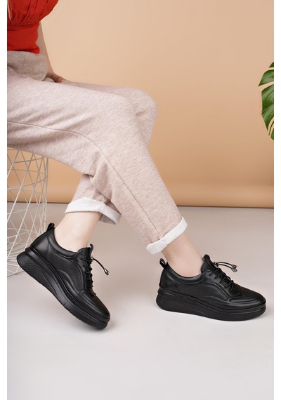 Nesilshoes Modessa 121 Siyah Bağcıklı Hakiki Soft Deri Kadın Ayakkabı