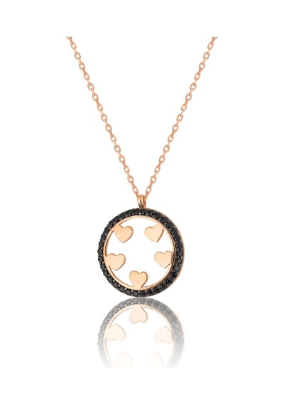 Gümüş Zirkon Taşlı Çember İçinde Beş Kalp Kolye Rose Gold