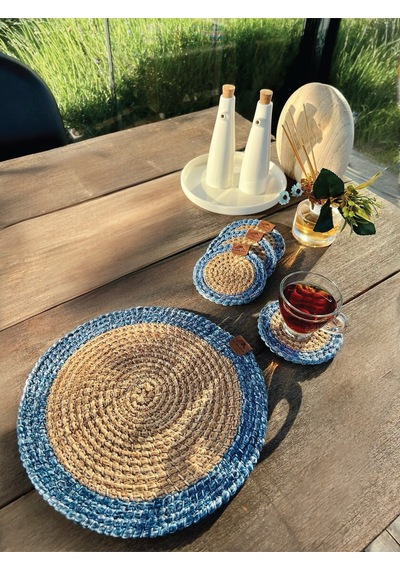 4 Adet Yuvarlak Bardak Altlığı- Leke Tutmaz- Naturel-mavi13x13 Cm Naturel