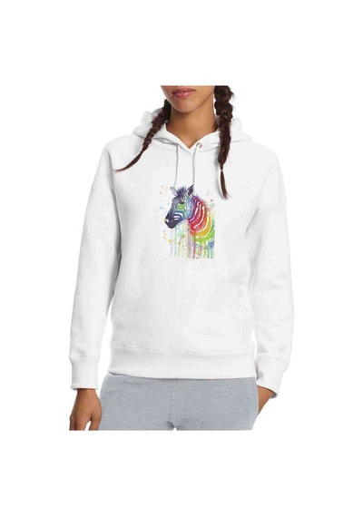 Zebra Renk Sıçrama Baskılı Beyaz Kadın Kapşonlu Sweatshirt