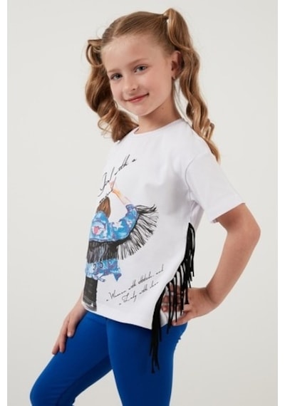 Lela Pamuklu Baskılı Püskül Detaylı Bisiklet Yaka Kız Çocuk T Shirt 6211020 Beyaz