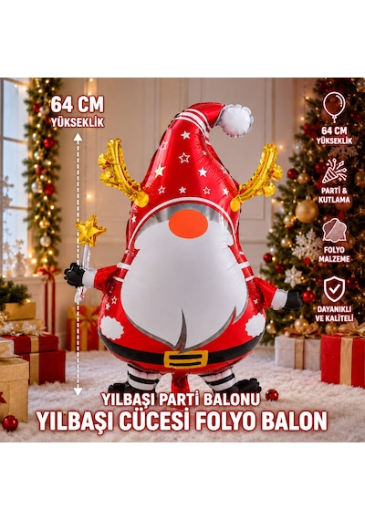 Vıp 2 Adet 64 Cm Kırmızı Yeşil Noel Cücesi Folyo Balon Yeşil Kırmızı Yılbaşı Cücesi Yılbaşı Balonu
