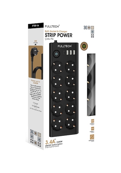 Fulltech Ftr-14 Çoklu Priz 10 Lu + 3 Usb + 1 Type-c 3680w 16a Anahtarlı Akım Korumalı Uzatma Prizi 2 m