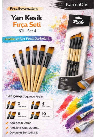 6 Lı Yan Kesik Fırça Seti Set 4 Açılı Uçlu Akrilik Boya Fırçası, Guaj&hobi Uyumlu Profesyonel Set