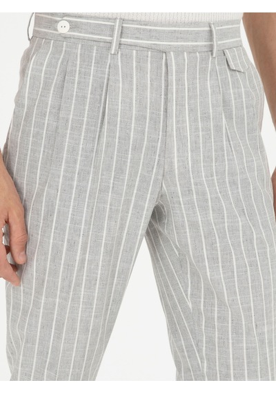 Cacharel Açık Gri Dad Fit Çizgili Keten Karışımlı Pantolon