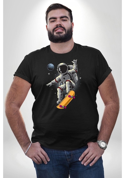 Angemiel Atronot Kaykay Uzay Mars Siyah Büyük Beden Erkek Kadın Unisex Basic Ön Baskılı Tişört Siyah