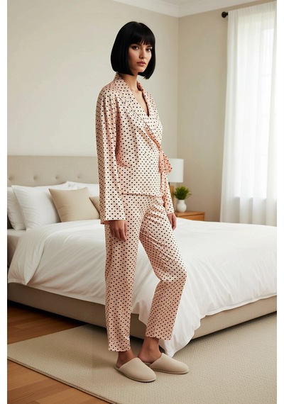 Benerly Kadın V Yaka Standart Kol Relaxed Kalıp Uzun Kollu Dokuma Pijama Pudra