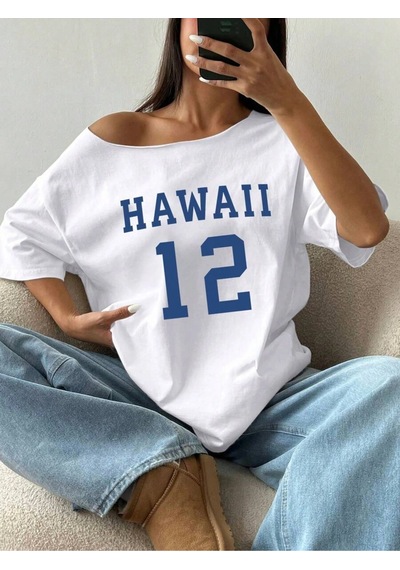 Startmore Startmore Kayık Yaka Hawaii Baskılı Oversize %100 Pamuk Beyaz