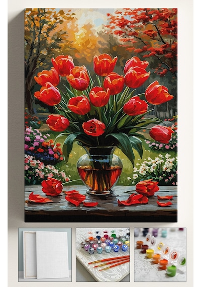 Sayılarla Boyama Seti Numaralı Tuval Fırça Boya 40x50 Cm - Kırmızı Laleler
