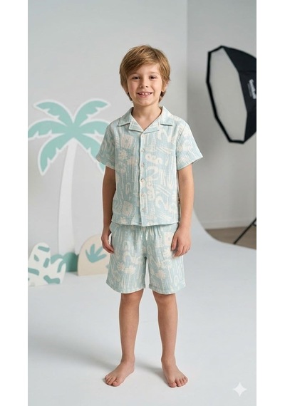Tuffy Kids Erkek Çocuk Müslin Gömlekli Şortlu Takım Tfy-7016 Açık Mavi