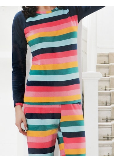 Derya Kurşun Kadın Uzun Kollu Pijama Takımı Çizgili Lacivert