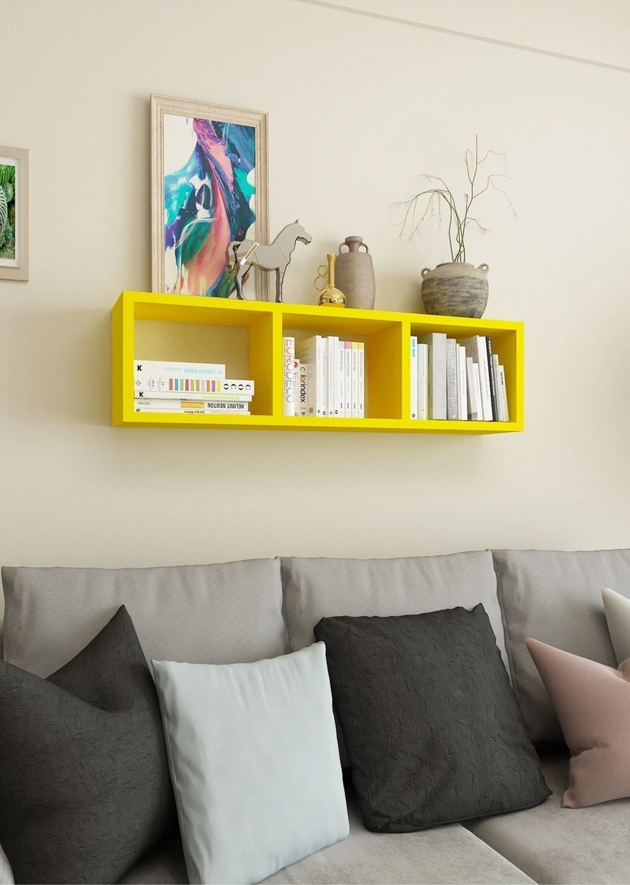 Kitaplık Hediye Duvar Rafı Mobilya 90 Cm Sarı Sarı