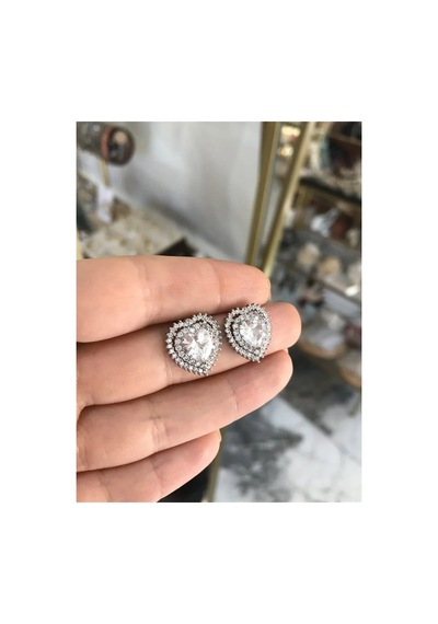 Taşlı Kalp Model Gümüş Renkli Küpe